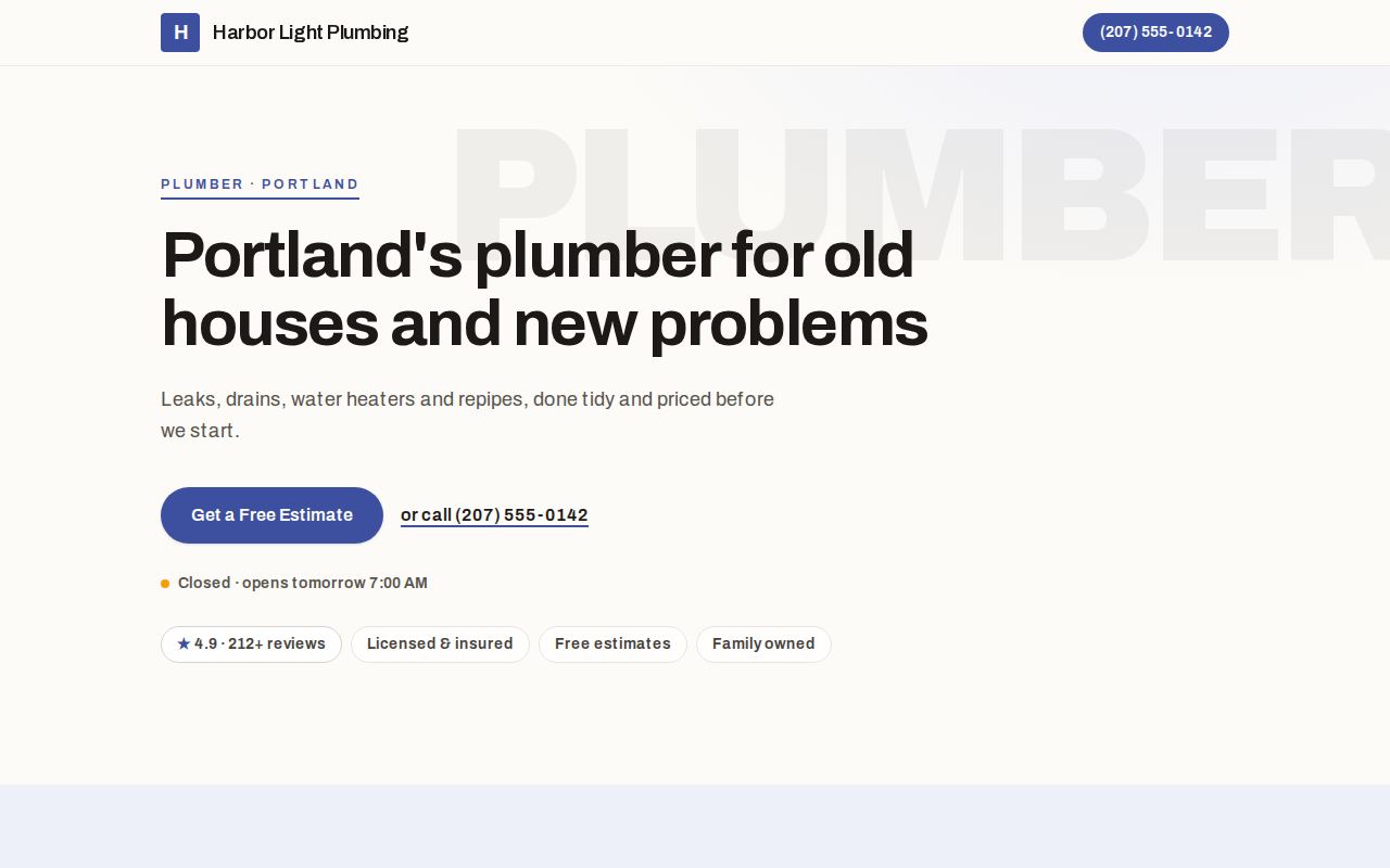 Craft style, shown on a sample site for Harbor Light Plumbing