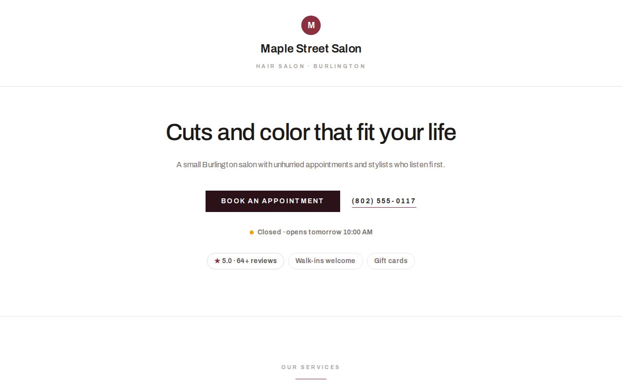 Minimal style, shown on a sample site for Maple Street Salon